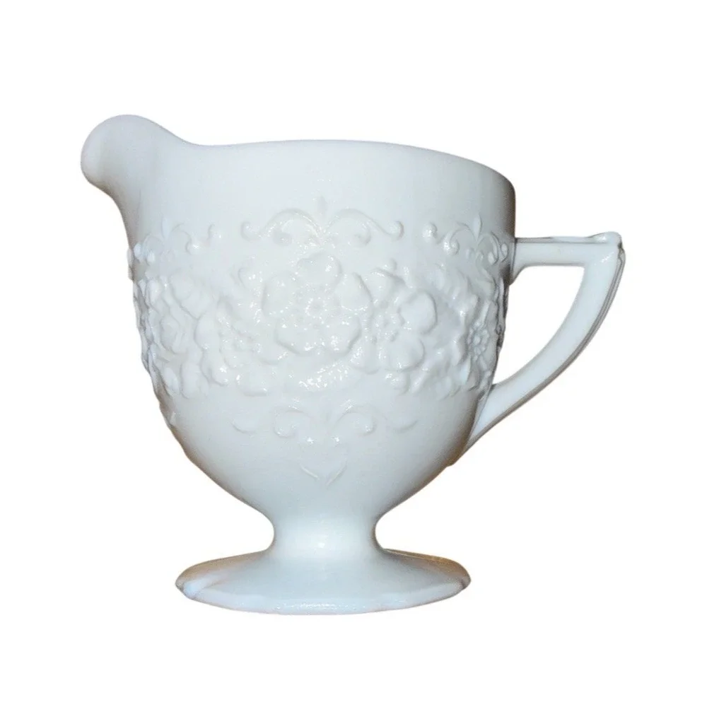 Indiana Glass Orange Blossom Creamer Pitcher White Footed‎ Embossed Floral